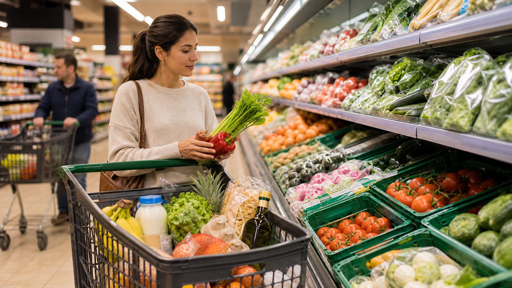 светлый проход испанского супермаркета с тележкой и продуктами без читаемых логотипов