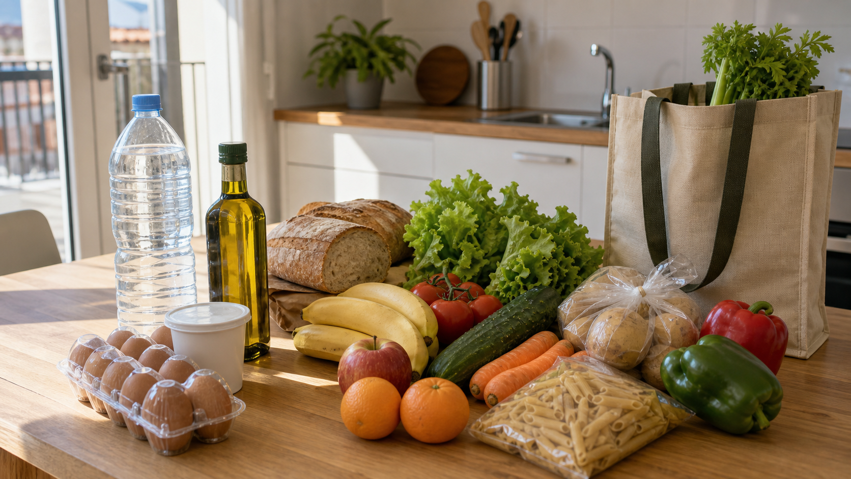 продукты из испанского супермаркета на кухонном столе в апартаментах
